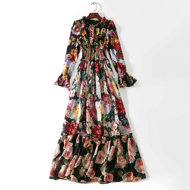 Ladies Elegant Floral Print Long Sleeve Dress Summer Beach Chiffon Ruffled Collar Dress Elegant Elasticity Waist A-Line Sundress