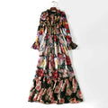 Ladies Elegant Floral Print Long Sleeve Dress Summer Beach Chiffon Ruffled Collar Dress Elegant Elasticity Waist A-Line Sundress