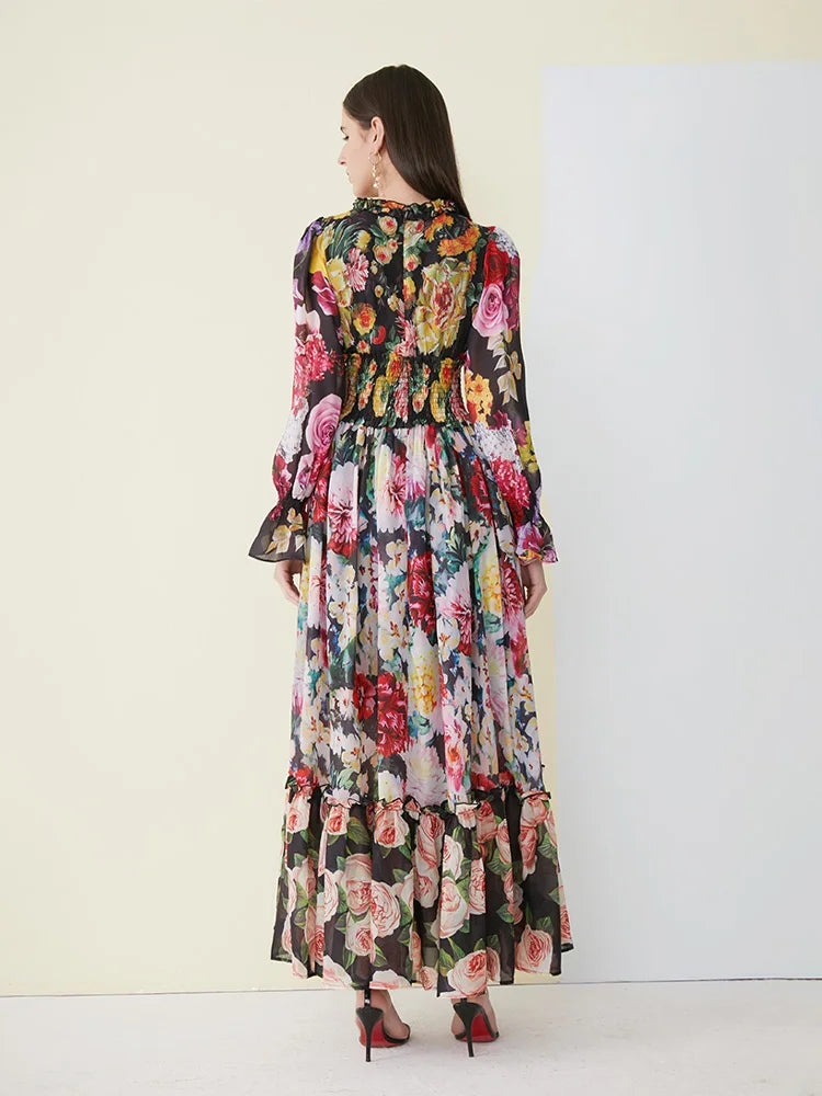 Ladies Elegant Floral Print Long Sleeve Dress Summer Beach Chiffon Ruffled Collar Dress Elegant Elasticity Waist A-Line Sundress