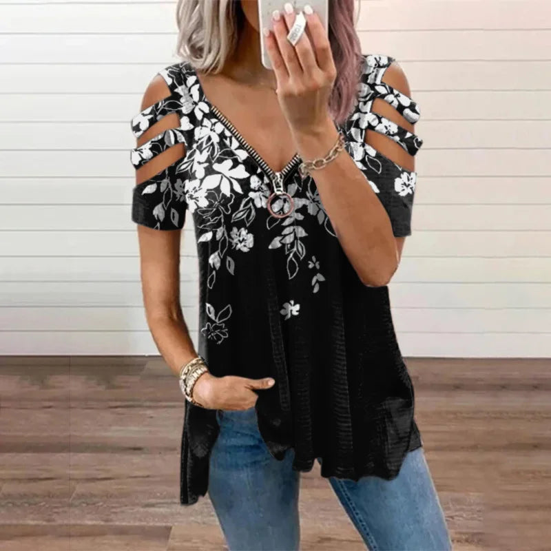 Summer Ladies T-Shirt V-Neck Short sleeve Cold Shoulder Leopard Print Zipper Loose Casual Sexy New Clothes Blouse Tops for Women