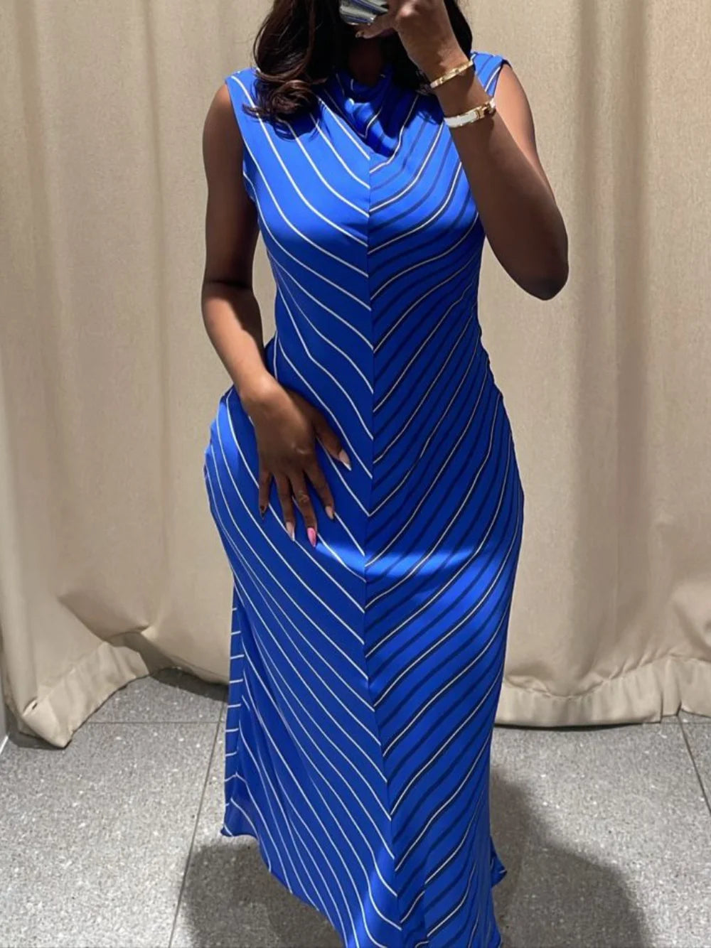 Ladies Summer New Midi Dress Fashion Vintage Striped Back Zipper Sleeveless Women Elegant Streetwear Dress Clothing