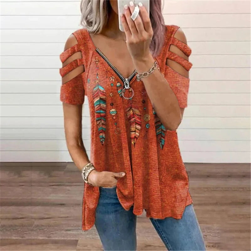 Summer Ladies T-Shirt V-Neck Short sleeve Cold Shoulder Leopard Print Zipper Loose Casual Sexy New Clothes Blouse Tops for Women