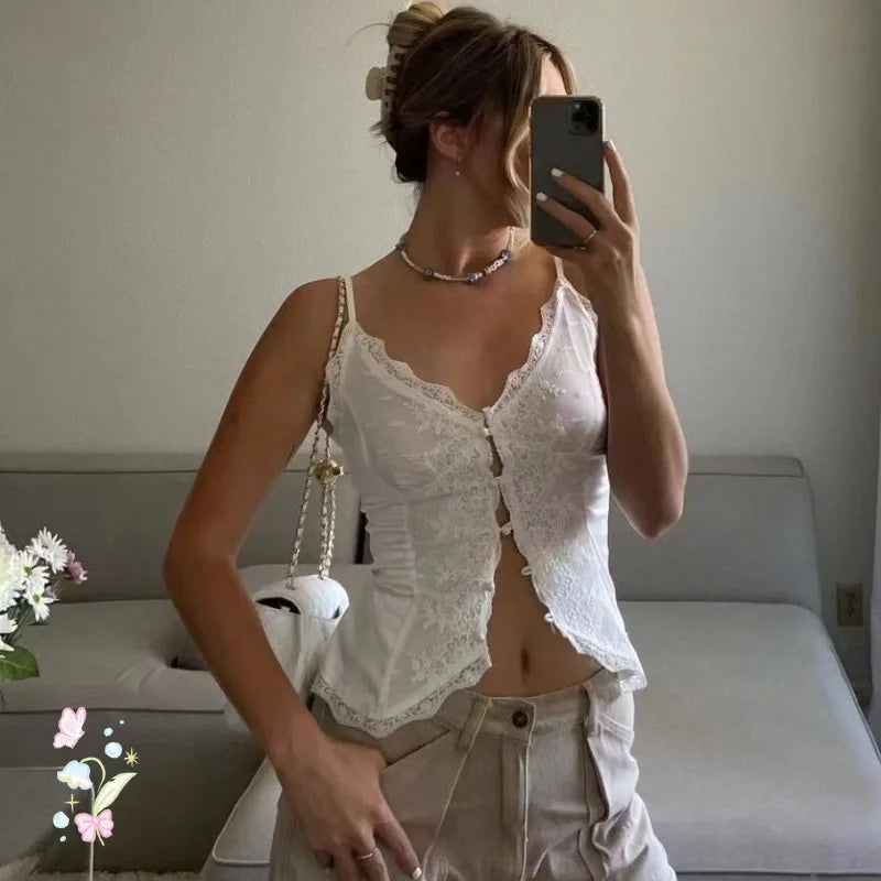 Ladies Summer Lace New Fashion Women Sleeveless Backless See Through Crop Top Female Vacation Club Streetwear Y2K Tees 2025