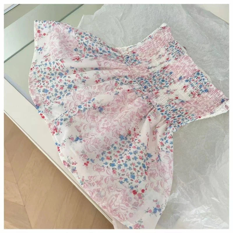 Summer  New Sexy Spice French Elegant Ladies Top Lace Patchwork Halter Vest Floral Skirt Design Hollowed-Out Strapless Tops