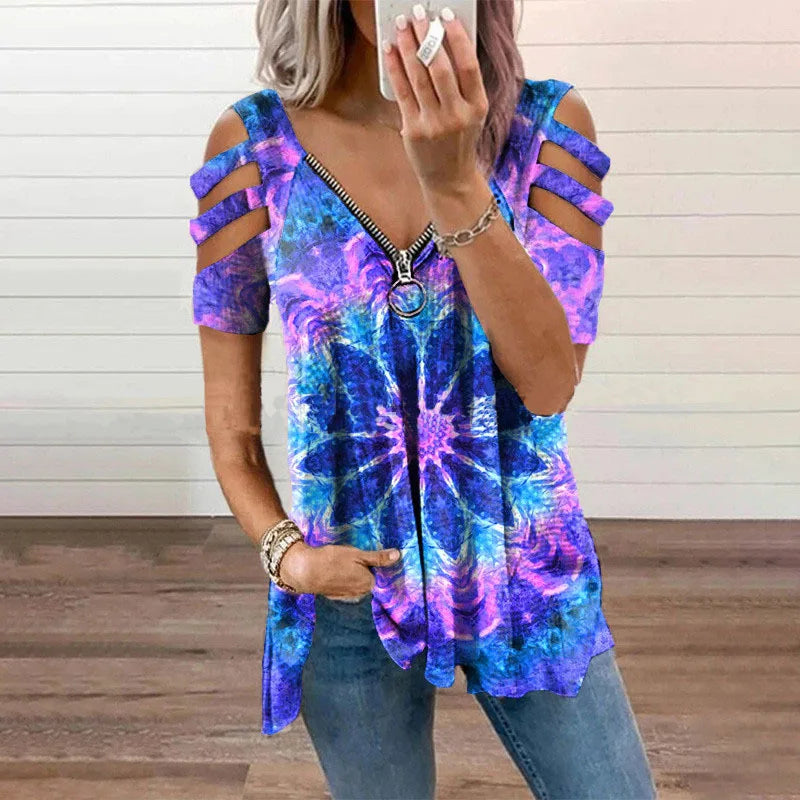 Summer Ladies T-Shirt V-Neck Short sleeve Cold Shoulder Leopard Print Zipper Loose Casual Sexy New Clothes Blouse Tops for Women