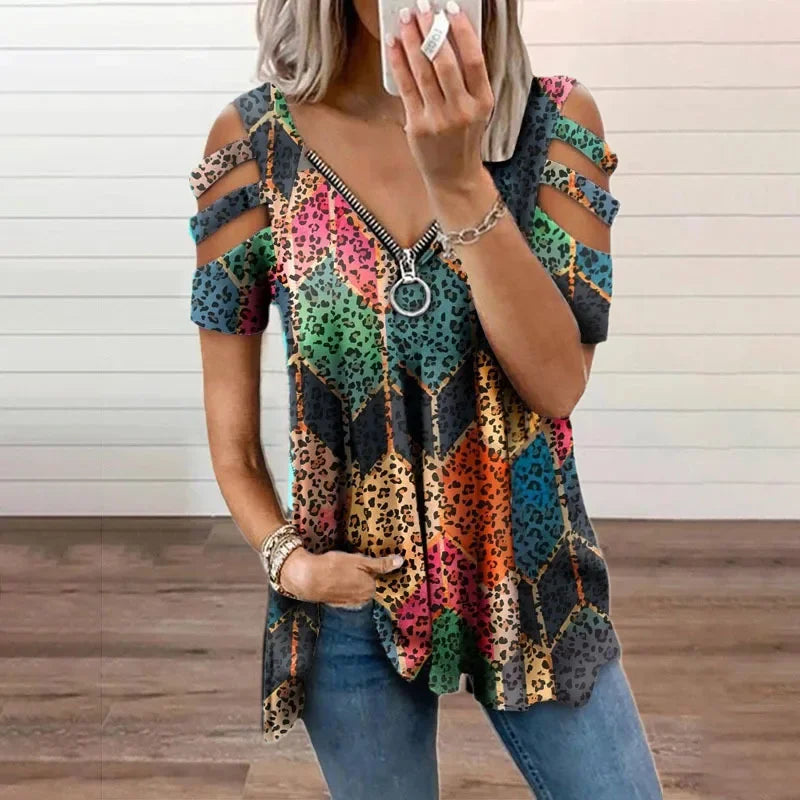 Summer Ladies T-Shirt V-Neck Short sleeve Cold Shoulder Leopard Print Zipper Loose Casual Sexy New Clothes Blouse Tops for Women