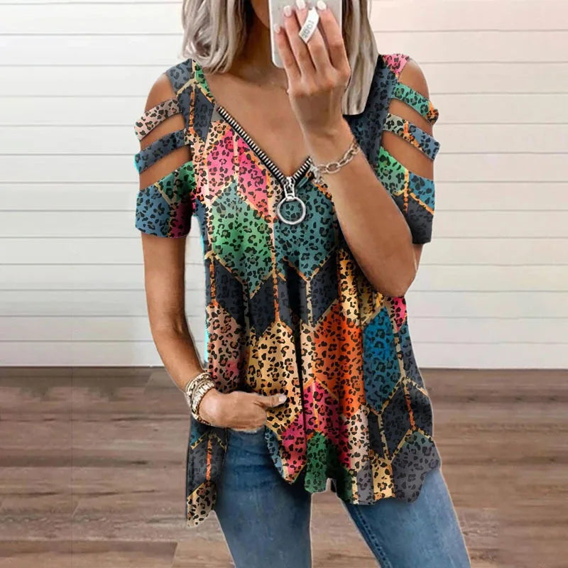 Summer Ladies T-Shirt V-Neck Short sleeve Cold Shoulder Leopard Print Zipper Loose Casual Sexy New Clothes Blouse Tops for Women