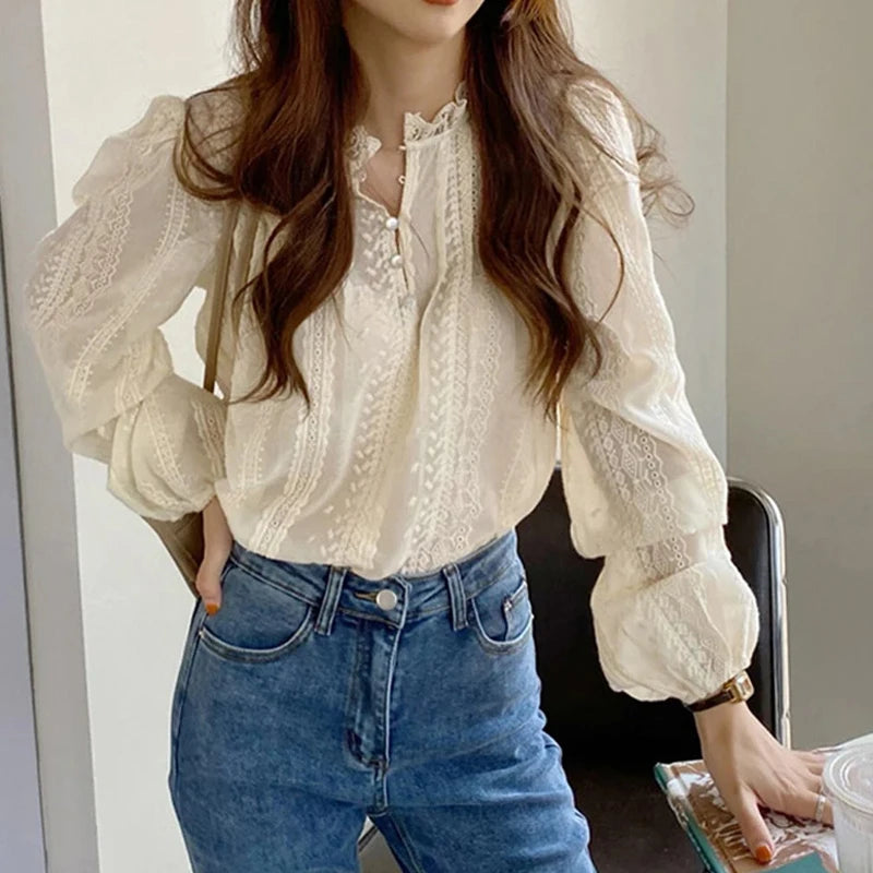 Elegant Lace Women Fashion Blouse New Spring Autumn Long Sleeve Casual Office Loose Shirt Ladies Stand Collar Simple Top Clothes