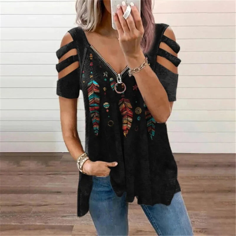 Summer Ladies T-Shirt V-Neck Short sleeve Cold Shoulder Leopard Print Zipper Loose Casual Sexy New Clothes Blouse Tops for Women