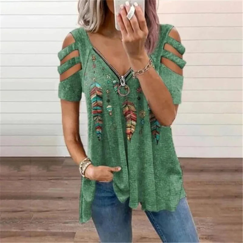 Summer Ladies T-Shirt V-Neck Short sleeve Cold Shoulder Leopard Print Zipper Loose Casual Sexy New Clothes Blouse Tops for Women