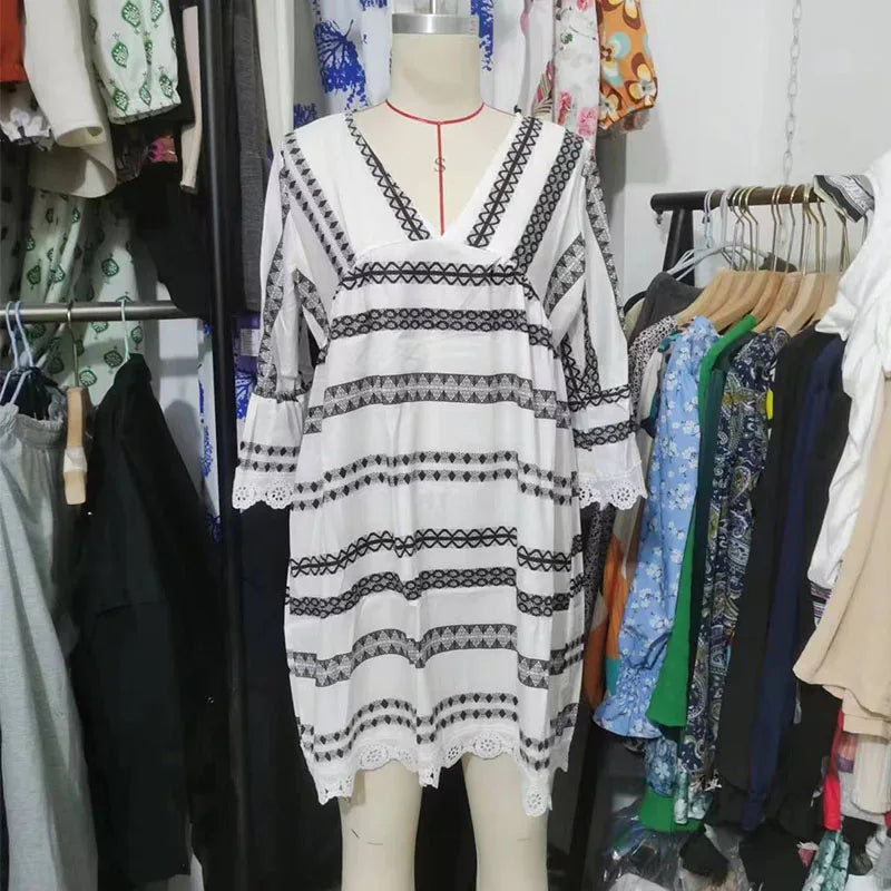 Summer Women Sexy Deep V-Neck Lace Trim Dresses Lady Striped Print Long Sleeve Dress Female Casual Loose Vacation Beach Dresses