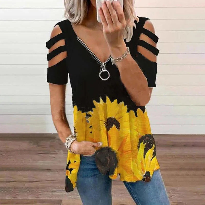 Summer Ladies T-Shirt V-Neck Short sleeve Cold Shoulder Leopard Print Zipper Loose Casual Sexy New Clothes Blouse Tops for Women