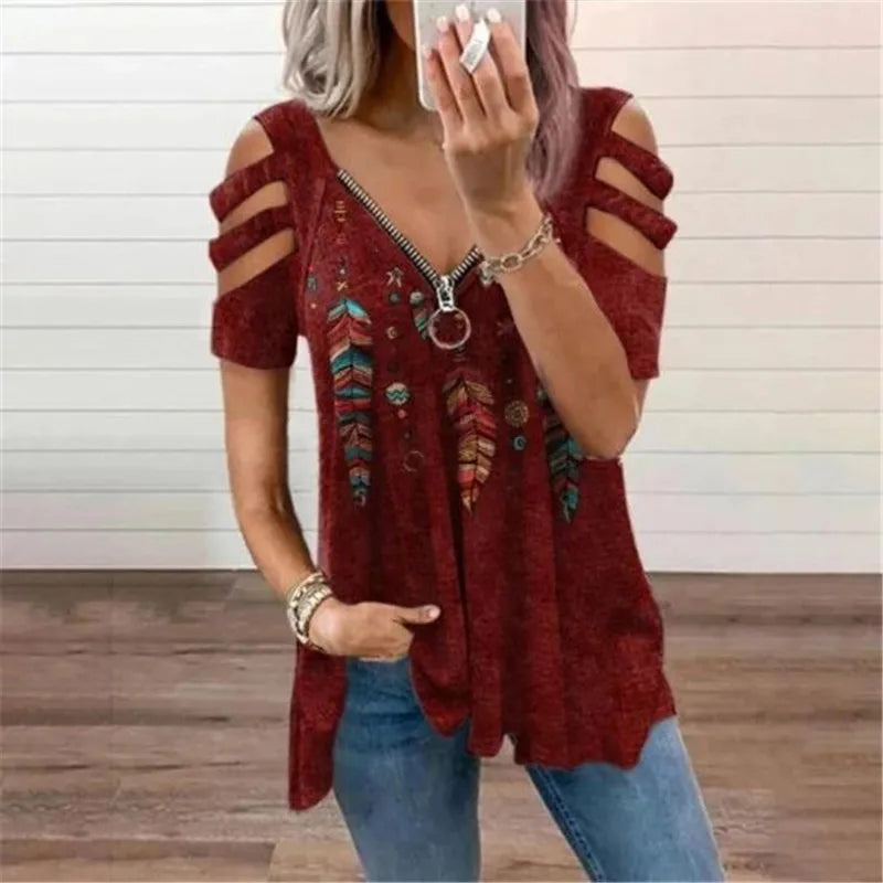 Summer Ladies T-Shirt V-Neck Short sleeve Cold Shoulder Leopard Print Zipper Loose Casual Sexy New Clothes Blouse Tops for Women