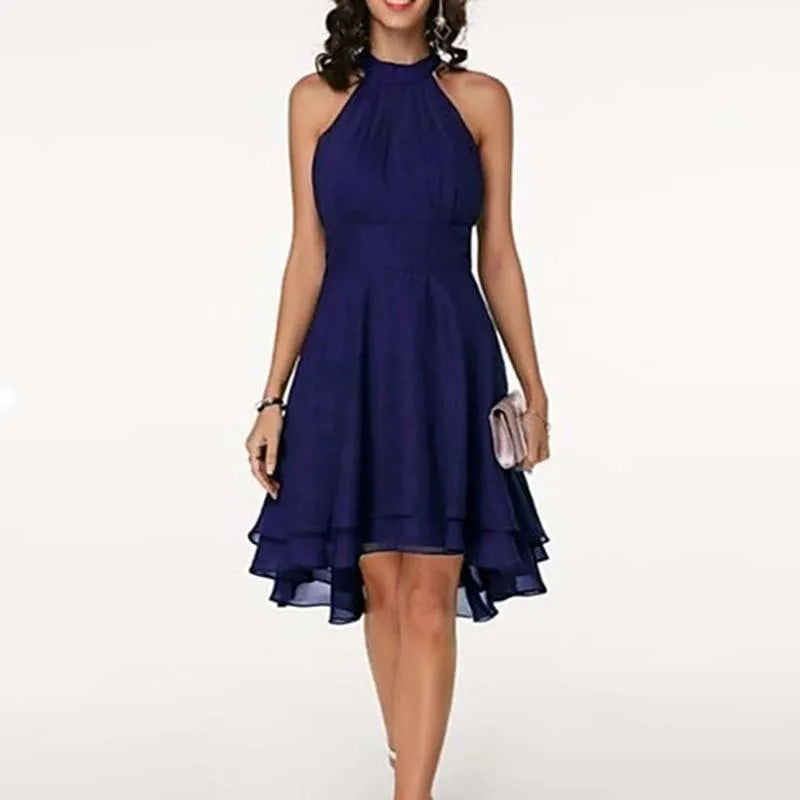 Women Elegant Dress Summer Solid High Waist Halter Sleeveless Midi Dresses Ladies Cropped Layered Chiffon Party Slim Dresses