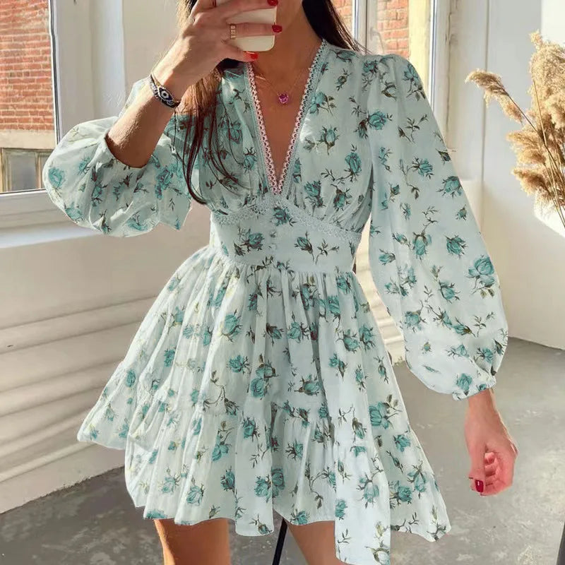 Print Women's Dress Summer Fashion Floral Lace Deep V-neck Dress For Women Casual Beach Vacation  Sundress Slim A-line Dresses