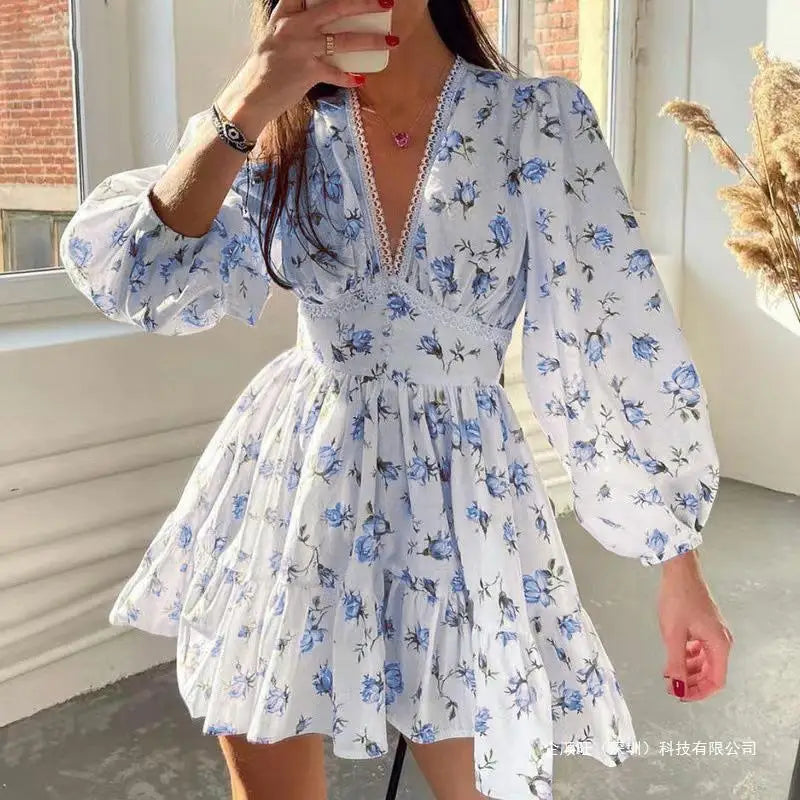 Print Women's Dress Summer Fashion Floral Lace Deep V-neck Dress For Women Casual Beach Vacation  Sundress Slim A-line Dresses