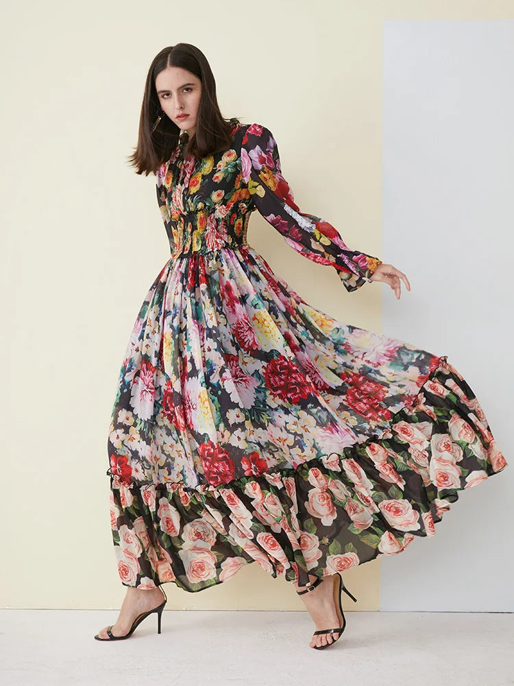 Ladies Elegant Floral Print Long Sleeve Dress Summer Beach Chiffon Ruffled Collar Dress Elegant Elasticity Waist A-Line Sundress