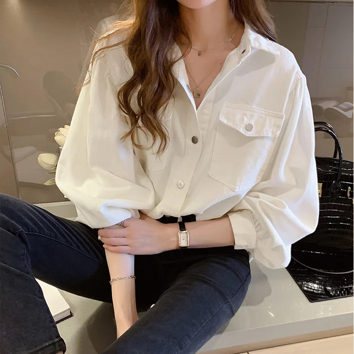 Chic Clothes Women's Blouse Women Collared Clothing Chemise New Tops White Collar Korean Aesthetic Long Sleeve Tunic Shirts Sexy