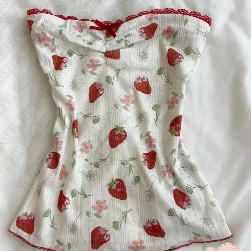 Summer  New Sexy Spice French Elegant Ladies Top Lace Patchwork Halter Vest Floral Skirt Design Hollowed-Out Strapless Tops