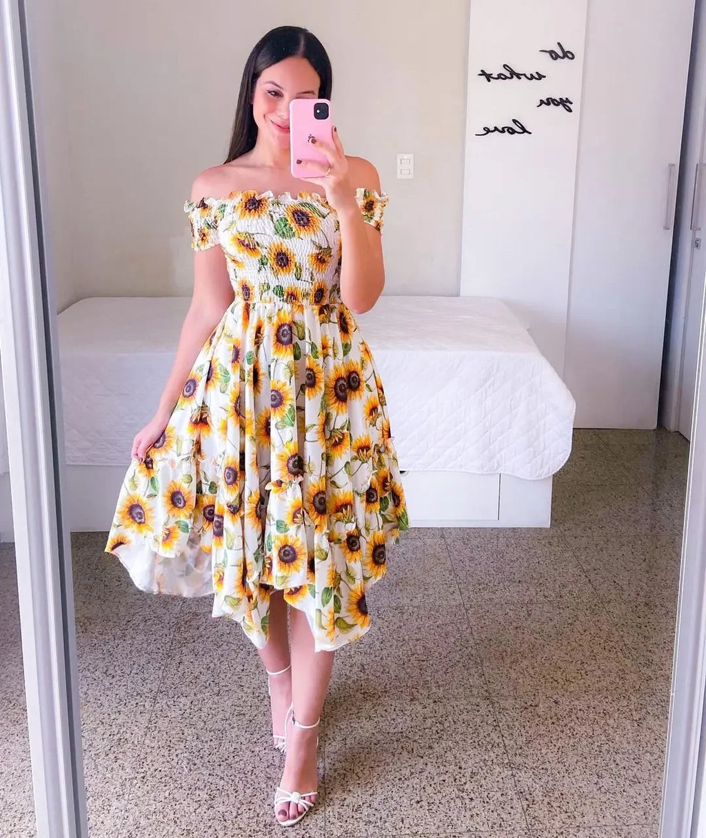 Dresses Summer Ladies Sexy Off Shoulder Flower Print Dress Elegant Short Sleeve Elastic Irregular Casual Dress Vestido De Mujer