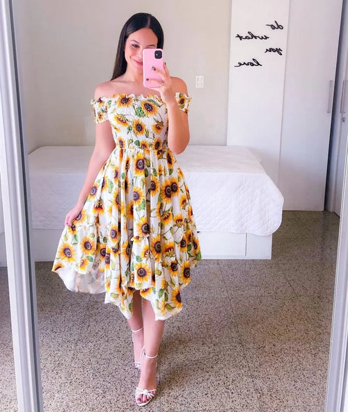 Dresses Summer Ladies Sexy Off Shoulder Flower Print Dress Elegant Short Sleeve Elastic Irregular Casual Dress Vestido De Mujer